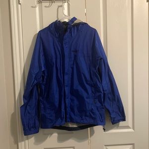 Mens marmot rain jacket, blue, nylon, large, hood, zip up, READ BIO